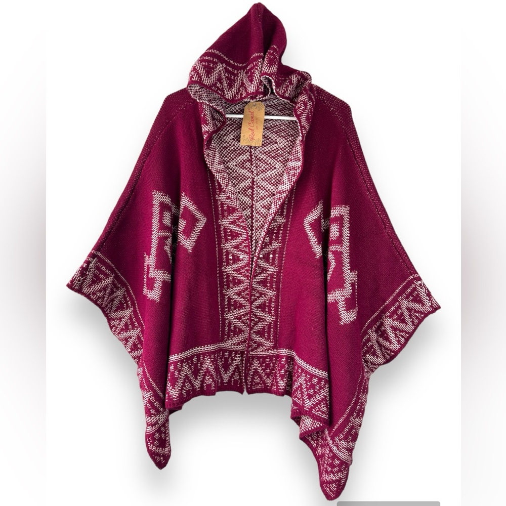 RED CAMEL NWT Burgundy Aztec Hoodie Open Wrap Cardigan Unisex Hoodie Open Poncho